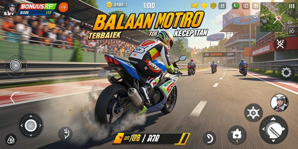 Tangkapan layar <strong>BONUSRP</strong> menampilkan aksi balap motor yang seru dan grafis memukau.