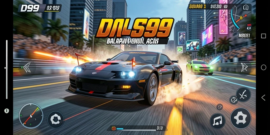 Screenshot gameplay DS99 menampilkan aksi balapan yang mendebarkan.