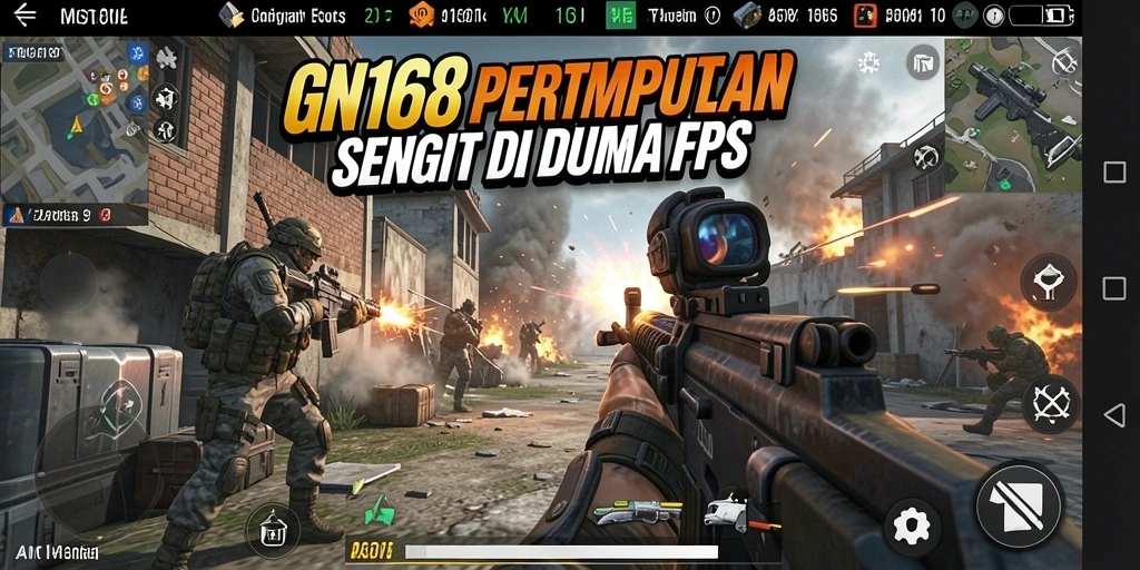 Tangkapan layar utama dari gameplay intens di GN168 yang menunjukkan pertempuran FPS.