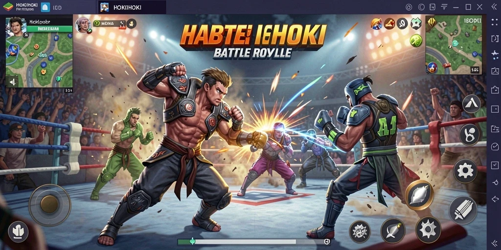 Tangkapan layar gameplay HOKIHOKI menunjukkan aksi Battle Royale yang mendebarkan.