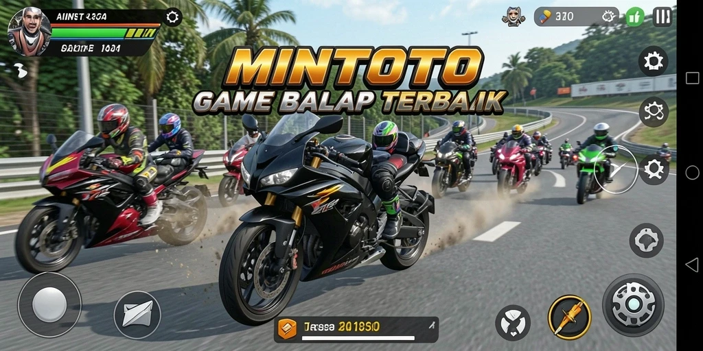 Screenshot gameplay MINTOTO yang menampilkan aksi balapan motor yang mendebarkan.