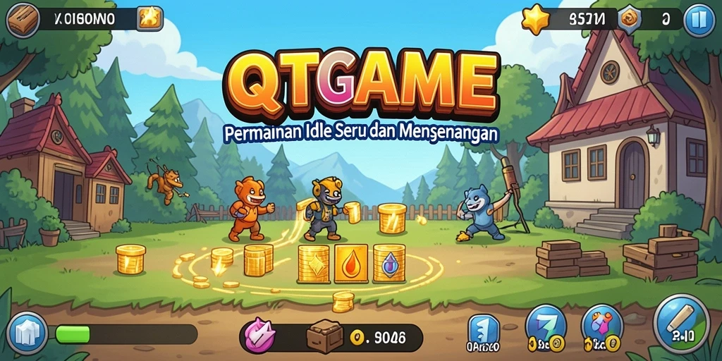 Tampilan gameplay QTGAME menunjukkan karakter sedang mengumpulkan sumber daya secara otomatis.