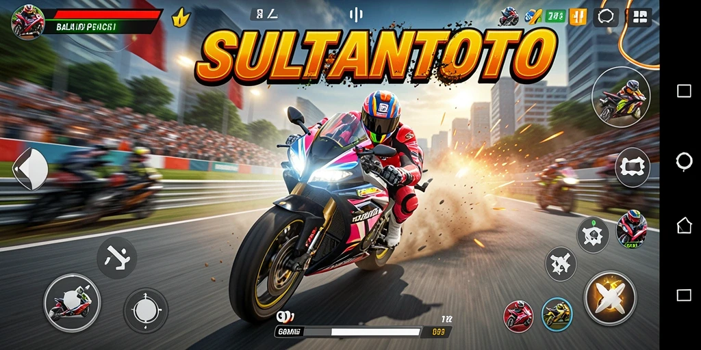 Screenshot utama SULTANTOTO menampilkan aksi balap motor yang mendebarkan.