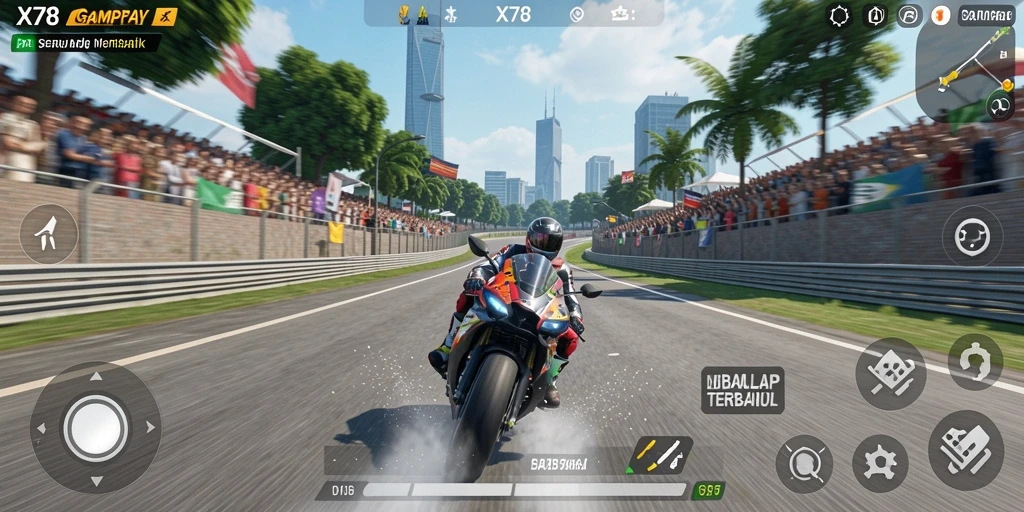 Screenshot X78 menampilkan balapan motor yang mendebarkan di trek yang menantang.